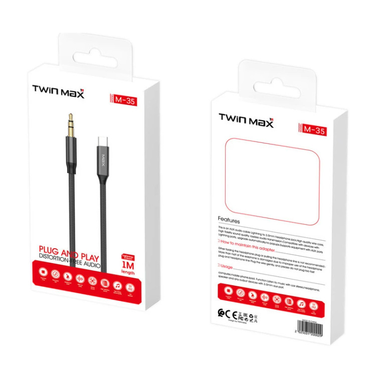 کابل تبدیل USB-C به AUX تویین مکس مدل M-35 طول 1 متر